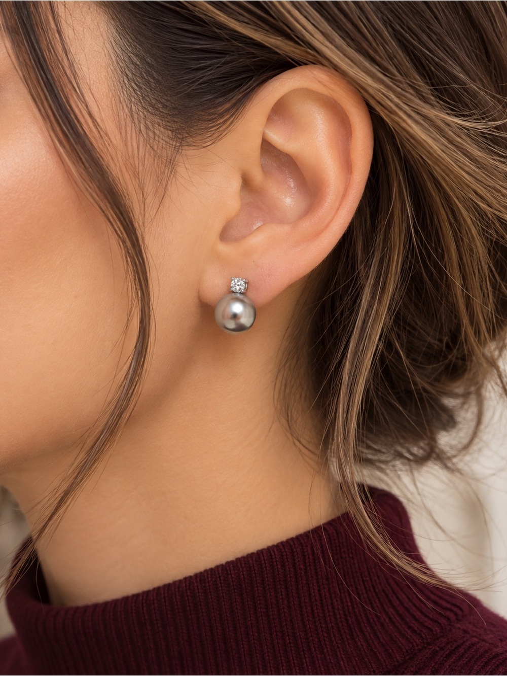 Gray Pearl Crystal Stud Earrings